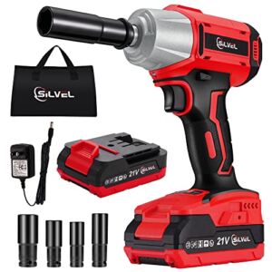 SILVEL Cordless Impact Wrench, 21V 1/2″ Impact Gun, 370 Ft-lbs (500N.M) High Torque Brushless Impact Driver with Fast Charger, 2.0Ah Battery Powered for Car Tires, 4 Pcs Impact Sockets