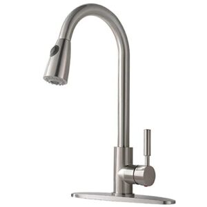 Friho Modern Brushed Nickel Single Hole 1 Handle Stainless Steel Pull Down Sprayer Kitchen Faucet, Pull Out Kitchen Sink Faucet Swivel Spout with Deck Plate