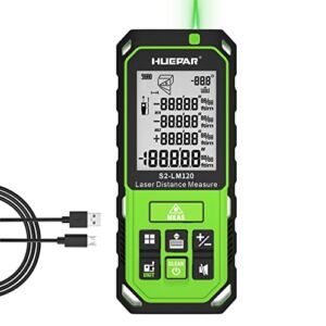 Huepar Laser Distance Measure Green Beam 393Ft, Digital Meter with Angle Sensor, LCD Backlit Display, Rechargeable Laser Measurement Tool M/in/Ft/Ft+in, Pythagorean/Area/Volume Measuring-S2-LM120