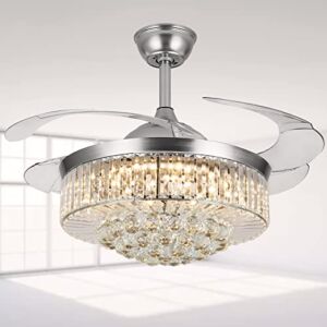 42″ Invisible Ceiling Fan Chandelier with Light,Modern Crystal Ceiling Fan Light Remote Control 4 Retractable Blades 3 Light Changes 3 Speeds Ceiling Fan Lamp for Home Decoration
