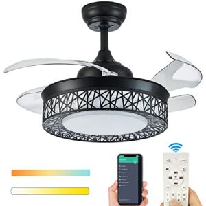48″ Ceiling Fan With Lights, Fully Dimmable Retractable Farmhouse Caged Ceiling Fan Chandelier With Remote Control, LED Fandelier For Bedroom Living Room Black Silent Industrial 6 Speed