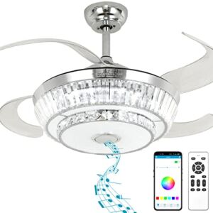 BAYSQUIRREL Retractable Bluetooth Ceiling Fan with Speaker, 85 Kinds of Color Light Bluetooth Ceiling Fan with Light,6 Speed Reversible Modern Invisible Ceiling Fan ,Remote and APP Control