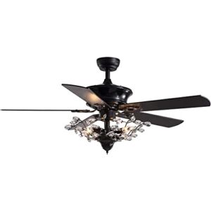 Crystal Ceiling Fan with Light and Remote Modern Electrical Fan with 5 Wood Blades for Home Decoration, Living Room, Bedroom (Color : Black, Size : 50″)