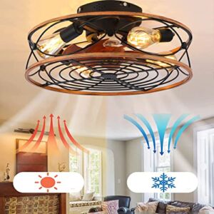 20″Caged Ceiling Fan With Lights Remote Control,Enclosed Low Profile Farmhouse Flush Mount Ceiling Fans,Reversible Motor/6-Speed/1/2/4 Timer/3 Color, For kitchen living room Bladeless Fandelier