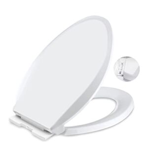 Toilet Seat Elongated, Toilet Cover, Quiet and Soft Close, Easy to Install and Remove, Ergonomic Design, Top-quality Polypropylene(Plastic), White, for Elongated Oval Toilets (Long Hinge Frame)