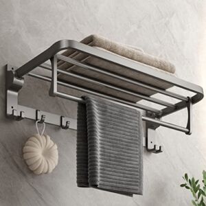 MUSTORN Bathroom Towel Rack with Towel Bar and Hooks 23.6 in Foldable Towel Shelf Wall Mounted Lavatory Towel Organizer Modern Gray Finish