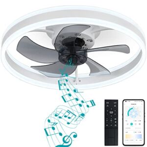 DewShrimp Flush Mount Ceiling Fan with Lights,Bladeless Ceiling Fan with Bluetooth Speaker,App and Remote Control,Quiet Low Profile Ceiling Fan,LED Stepless Dimming,3 Colors 6 Speeds Reversible,19.7in