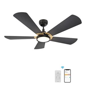 5 Blade Smart Ceiling Fan with Lights, 10-speed Ceiling Fan Works with Remote Control/Alexa/Google Home/Siri/App, Timer/Schedule, Dimmable LED Light (56-inch, Black/Gold)