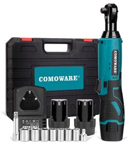 COMOWARE Cordless Electric Ratchet Wrench 3/8″, 40Ft-lbs 12V Power Ratchet Kit With 2-Pack Lithium-Ion Batteries, 1 Hour Fast Charger, Variable Speed Trigger, 8 Sockets, LED Light
