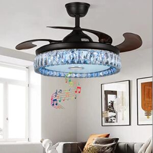 Fandian 42” Black Ceiling Fans with Lights Remote Control, Modern Smart Bluetooth Crystal Chandelier Fan, Retractable Fandelier Lighting with Dimmable RGB Colors, Music Speaker for Living Bedroom