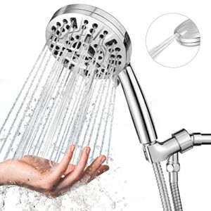 5.1″ Large Face High Pressure 10-mode Handheld Shower Head – Anti-clog Nozzles, 2 Built-in Power Wash Modes to Clean Tub, Tile & Pets, Stainless Steel Hose and Adjustable Bracket Included, Chrome