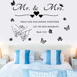 Mr. and Mrs. Wall Decals Wall Art Sticker Peel and Stick Wedding Sayings Art Lettering Stickers Hands with Hearts Romantic Wall Decor Wedding Anniversary Decor Bedroom Living Room Home Decor