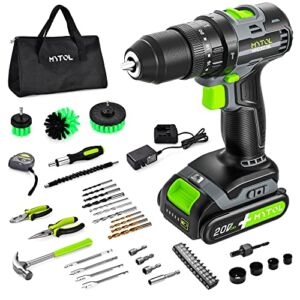 Brushless Cordless Drill Set, MYTOL 20V 2.0 Ah Hammer Drill Driver Kit, 445 In-lbs, 1/2″ Keyless Metal Chuck, 20+3 Torque Setting, 2 Variable Speeds, 45pcs Home Tool Set for Concrete, Wood, Metal