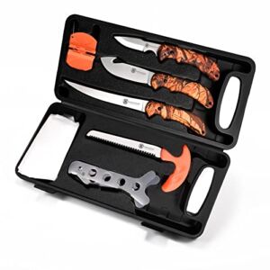 KNINE OUTDOORS Hunting Field Dressing Kit Deer Processing Knife Set Red Maple Camo Handle Portable Game Processor Set with Nylon Belt Sheath, 8 Pieces