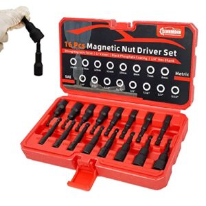 SENNMONN 16-Piece Magnetic Hex Nut Driver Set, 1/4″ Hex Shank, Metric and SAE, Cr-V Steel