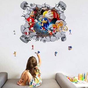 QZHONTH Tails Knuckles The Echidna Sonic 3D Break The Wall Sticker for Kids Game Wall Art Room Wall Decor Boys Gift Bedroom Poster Mural Wallpaper Removable Wall Stickers (23 inches x 25 inches )