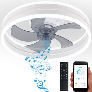 YoloOwl Flush Mount Ceiling Fan with Light and Bluetooth Speaker, 6 Speeds Reversible 3-Color Dimmable Bladeless Ceiling Fan, Low Profile Ceiling Fan Light with APP and Remote Control, 19.8 Inch