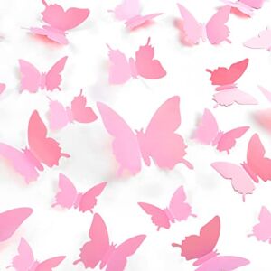 AMMON 3D Butterfly Wall Decor 24 Pcs Pink 3 Sizes Decal Decorations for Birthday Party Cake Mural Sticker Removable Room Wall Art Stickers for Kids Nursery Classroom Bedroom Living Room Party Wedding