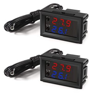 UMLIFE 2PCS Temperature Controller -50 to 110 Celsius (-58 to 230 F) DC 12V Programmable Heating/Cooling Thermostat Control Switch Module NTC Waterproof Sensor Probe Dual Color LED Display Monitor