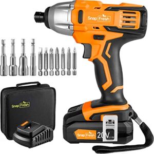 Cordless Impact Driver, SnapFresh 20V 1/4” Impact Drill w/ 1350in-Lbs Torque, Variable Speed 2200 RPM, Built-in LED, 2.0Ah Li-ion Battery, 1h Rapid Charger, Driver Bits & Sockets, Tool Bag(Orange)
