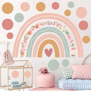 Supzone Large Rainbow Flower Wall Stickers Boho Polka Dots Wall Decal Vinyl for Girls’ Room Kids Baby Nursery Bedroom Living Room Playroom Classroom Wall Decor