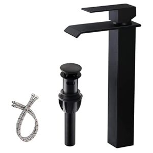 VAPSINT Single Handle Vessel Sink Faucet Matte Black,Wide Spout Waterfall One Hole Tall Bathroom Faucet,Vanity Mixer Bowl Tap with Overflow Pop up Drain