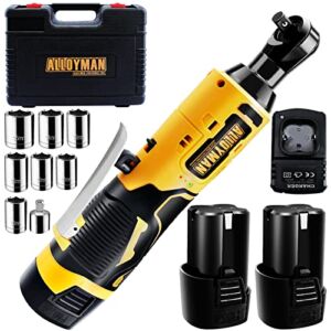 Alloyman 16.8V Cordless Electric Ratchet Wrench Kit, 400 RPM 3/8 Inch Power Ratchet Wrench with Variable Speed Trigger 2-Pack 2.0Ah Li-Ion Batteries, 7 Sockets, 1/4″ Adapter & 1-Hour Fast Charge