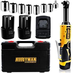 Alloyman 16.8V Extended Cordless Ratchet Wrench, 400 RPM 3/8 Inch Electric Ratchet Wrench Kit with Variable Speed Trigger 2-Pack 2.0Ah Li-Ion Batteries, 7 Sockets, 1/4″ Adapter & 1-Hour Fast Charge
