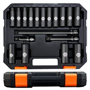 PGROUP 1/2″ Drive Deep Impact Socket Set, 18-Piece Metric Size (10mm – 24mm) 6 Point Deep Sockets, Cr-V Steel, Includes 3″, 5″, 10″ Extension Bars, Storage Case