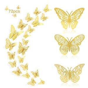 PCORES 72Pcs 3D Butterfly Wall Decor Stickers, Gold Butterfly Home Decor, 3 Size-3 Styles Stickers for Party, Birthday, Wedding and Festival Decorations, Kids Babys Bedroom Decor, Cake Decorating (Gold)
