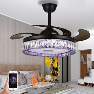 42″ Modern Fandelier with Bluetooth Speaker and Light Music Player Crystal Ceiling Fan with Bluetooth Speaker Chandelier 7 Colors Retractable Blades with Remote Control for Bedroom(Black)
