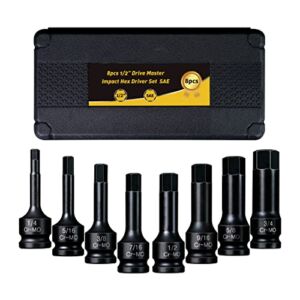 PGROUP 8 PCS 1/2″ Drive Master Impact Hex Bit Set,Hex Driver,SAE Hex Driver 1/4″ to 3/4″, Cr-Mo Steel,,Impact Grade,1/2″ Drive Allen Bit Socket Set with Heavy Duty Storage Case