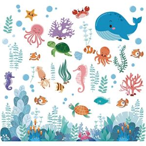 Supzone Under The Sea Wall Decals Ocean Creatures Wall Stickers Dolphin Turtle Ocean Grass Colorful Sea Life Wall Art Sticker for Kids Baby Nursery Bedroom Playroom Bathroom Wall Decor