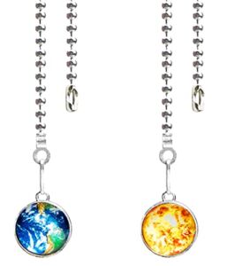 Hyamass 2Pcs 12 inch Ceiling Fan Pull Chain Planet Charm Pendant Ceiling Fan Danglers Fan Pulls Chain Extender with Ball Chain Connector for Ceiling Fan Light Decoration（Earth+Sun）