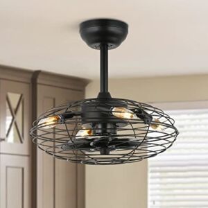 SILJOY Caged Ceiling Fan with Lights Remote Control, 18” Industrial Black Ceiling Fan with 3 Wind Speeds, Enclosed Small Ceiling Fan with Lights for Bedroom, Kitchen, Office