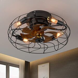 20” Ceiling Fans with Lights and Remote Control, Flush Mount Caged Low Profile Ceiling Fan, Farmhouse Bladeless Ceiling Fan with Light, Smart Industrial Black Ceiling Fan Light 6 Speeds