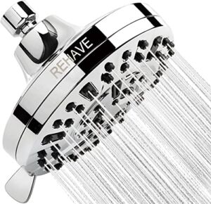 Shower Head, REHAVE Rainfall ShowerHead, 5.1 Inches High-Pressure with 63 Jets 8 Spray Modes – Replacement for Bathroom Shower Heads – Anti-Clogging Silicone Nozzles, Brass Angle-adjustable Ball Joint
