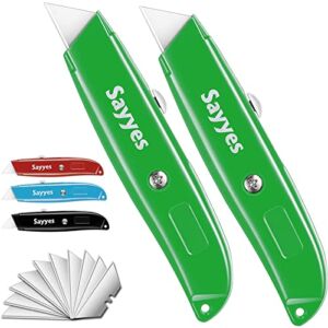 sayyes Box Cutter, 2-Pack Retractable Utility Knife with 10-Piece SK5 Blades, Durable Aluminum Box Cutter for Ropes, Boxes, Plastics, DIY, 4 Colors to Choose