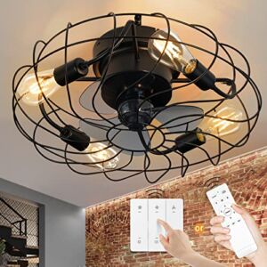 Caged Ceiling Fan with Light Remote Control Industrial Farmhouse black Ceiling Fan Vintage Flush Mount Ceiling Fan Low Profile for Bedroom Dining Kitchen FCC Listd 6-speed 4-Timing