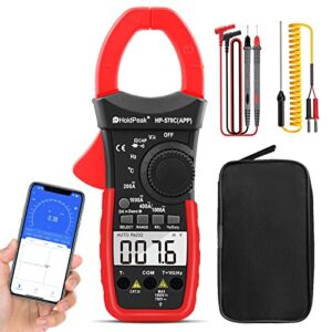 Digital Clamp Multimeter with APP via Bluetooth, Amp Ohm Tester,4000 Counts AC/DC Voltage, Current, Resistance,Diode Test,Temperature,Capacitance HP-570C-APP Red