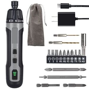 Electric Screwdriver, VOOWO 3.6V Cordless Screwdriver Rechargeable, Torque Adjustable 6N.m Power Screwdriver Set, Includes 15 Pcs Magnetic Bits, Bit Holder, Type C Charger And Carrying Bag (Grey)