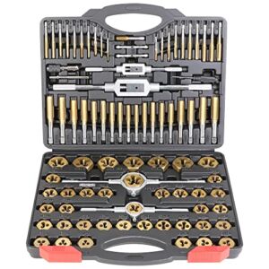 WYNNsky Die and Tap Set in SAE and Metric, Hex Threading Dies for External Threads, Thread Tap for Internal Threads, Thread Wrench, Thread Pitch Gauge, 86 Pieces Gauge Kit for DIY Tapered