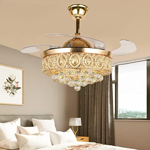 RuiWing 42″ Retractable Crystal Ceiling Fan with Lights, Remote Control Invisible Blades Chandelier Ceiling Fans with 3 Color Lighting 3 Speeds Crystal Fandelier For Bedroom Living Dining Room | The Storepaperoomates Retail Market - Fast Affordable Shopping
