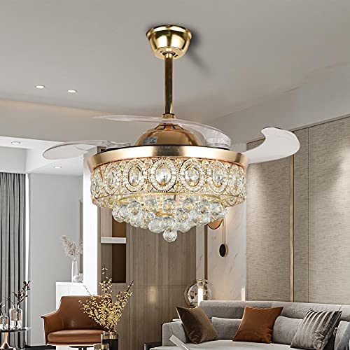 RuiWing 42″ Retractable Crystal Ceiling Fan with Lights, Remote Control Invisible Blades Chandelier Ceiling Fans with 3 Color Lighting 3 Speeds Crystal Fandelier For Bedroom Living Dining Room | The Storepaperoomates Retail Market - Fast Affordable Shopping