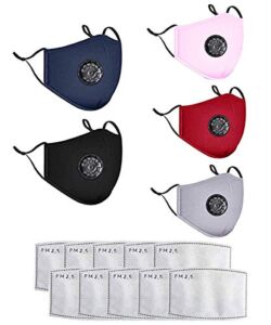 5 Pack Colors Face Masks with 10 Carbon Filter, Cotton Blend Face Mask with Breathing Valve Washable Reusable (5 color)