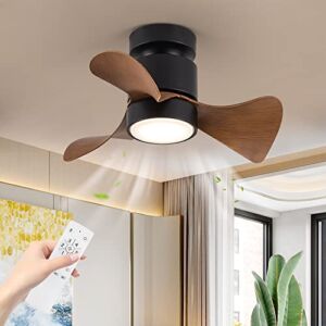 WWM 20″ Small Black Outdoor Low Profile Ceiling Fan with Light, Modern Flush Mount Ceiling Fan with Remote Control, 6 Speeds 3 Blades Bedroom Ceiling Fan with Lights for Kitchen Patio Small Space