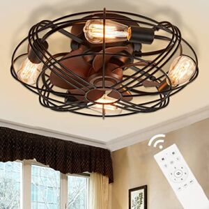 GESUM 20″ Caged Ceiling Fan with Lights, Farmhouse Bladeles Ceiling Fan with Light and Remote Control for Bedroom Kitchen Living Room ,Black Low Profile Flush Mount Ceiling Fan (No Bulbs)…