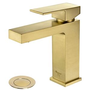 Brushed Gold Bathroom Faucet Single Hole, Oakland Modern Bathroom Sink Faucet Single Handle Vanity Faucet with Pop up Drain Assembly Supply Line, KSB1112-SG