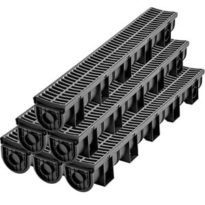 VEVOR Trench Drain System, Channel Drain with Plastic Grate, 5.9×5.1-Inch HDPE Drainage Trench, Black Plastic Garage Floor Drain, 6×39 Trench Drain Grate, with 6 End Caps, for Garden, Driveway-6 Pack