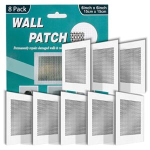 8 Pack 6 Inch Drywall Repair Kit, Ausvrkkit Wall Repair Patch Kit, Self-Adhesive Fiberglass Dry Wall Patch Kits for Aluminum Metal Sheetrock Ceiling (6″x 6″)